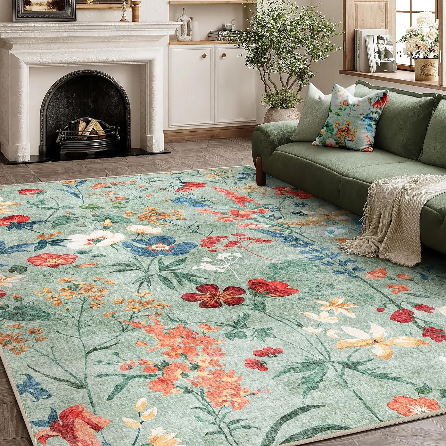 Green Area Rug 6x9 Floral Washable Living Room Kitchen Boho Carpet Non Slip Low Pile Indoor Accent Lightweight Soft Throw Rug for Bedroom Office Dining Room Nursery Farmhouse