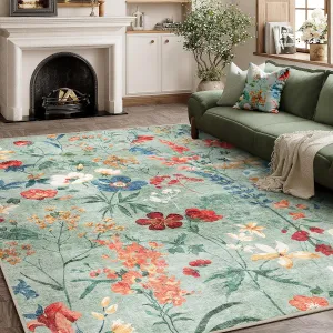 Green Area Rug 6x9 Floral Washable Living Room Kitchen Boho Carpet Non Slip Low Pile Indoor Accent Lightweight Soft Throw Rug for Bedroom Office Dining Room Nursery Farmhouse