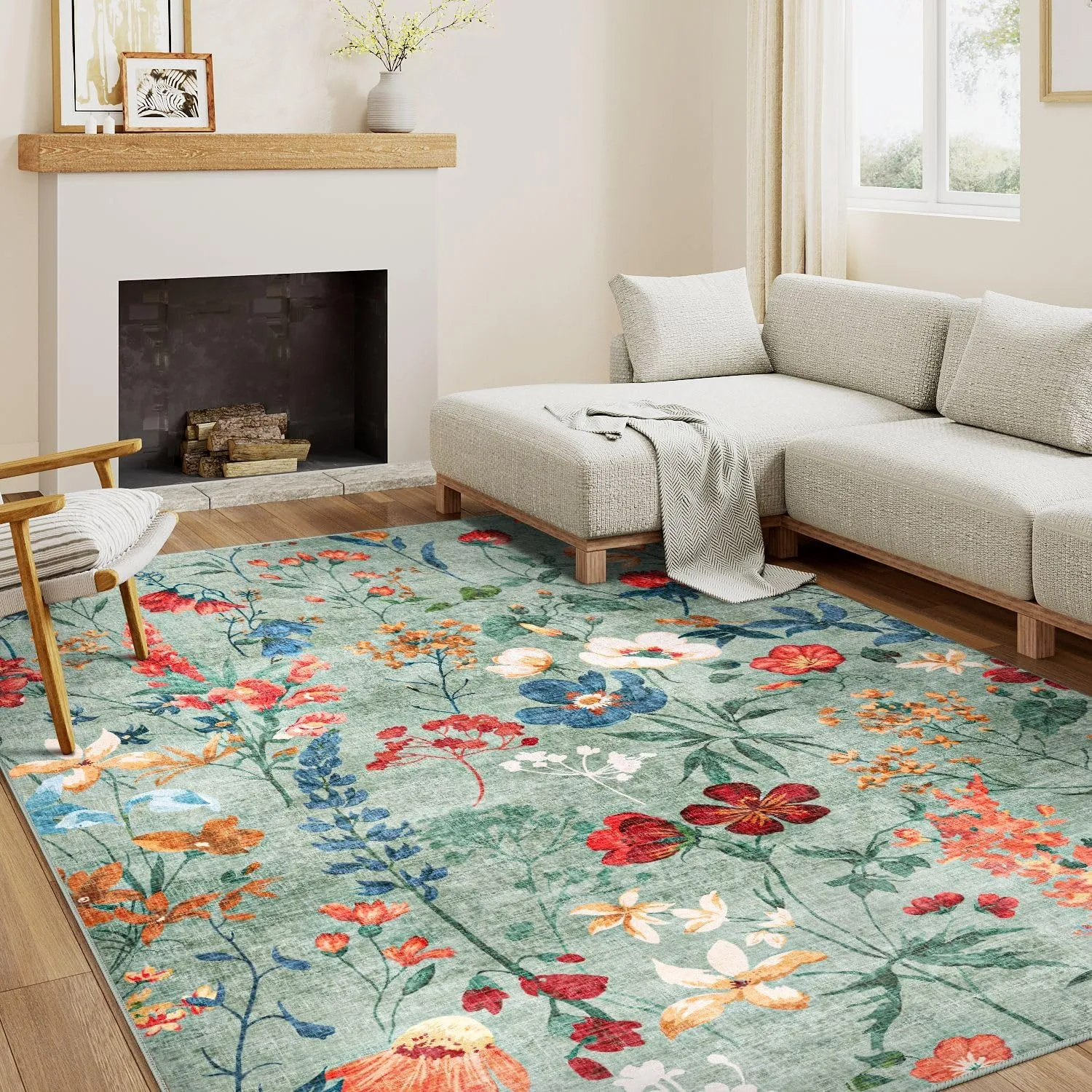 Green Area Rug 6x9 Floral Washable Living Room Kitchen Boho Carpet Non Slip Low Pile Indoor Accent Lightweight Soft Throw Rug for Bedroom Office Dining Room Nursery Farmhouse