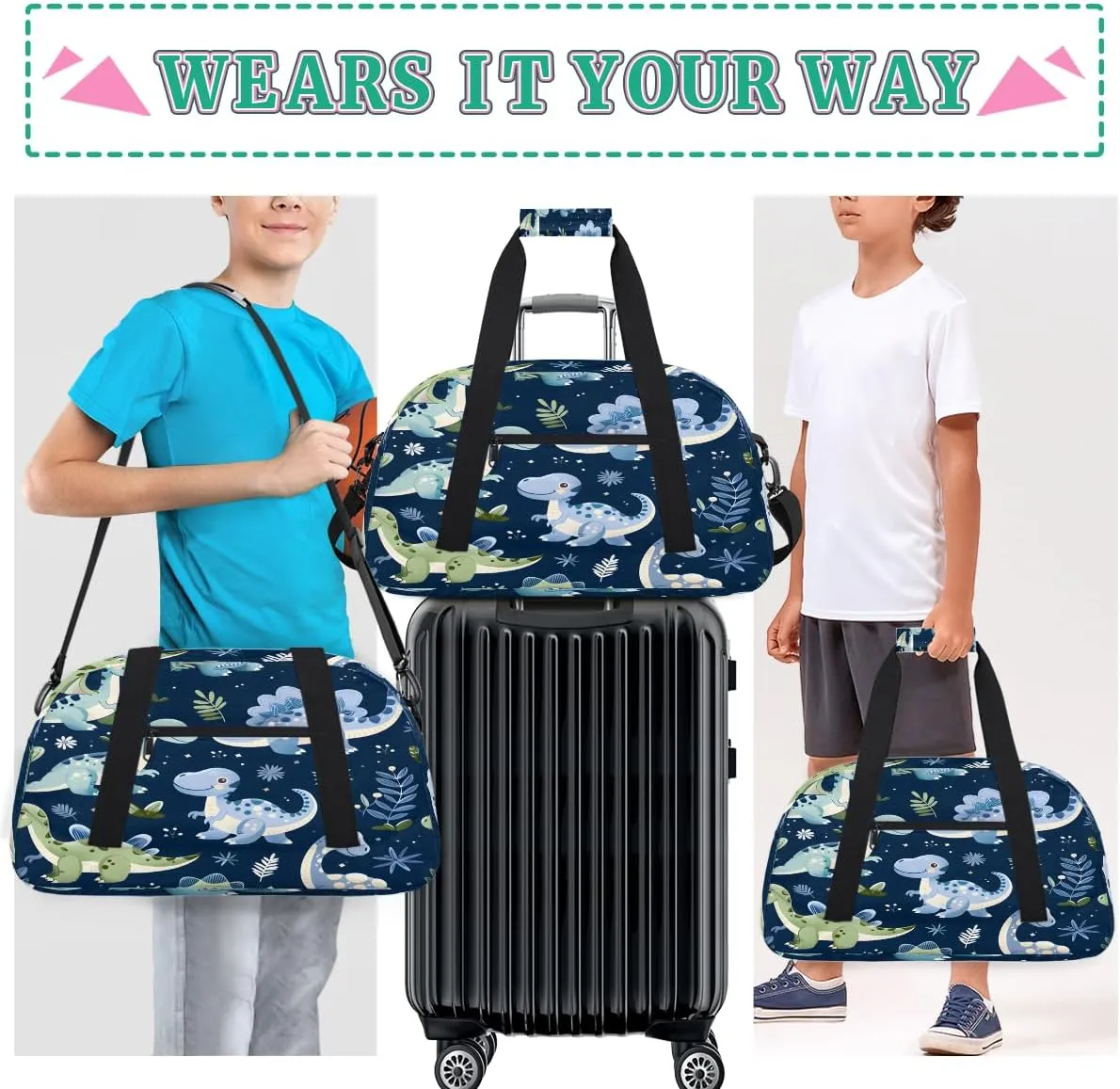 Green Dinosaur Kids Overnighter Duffel Bags for Boys, Carry-On Size Sports Gym Bag with Front Zipper Pocket for School Practice or Overnight Travel Weekender Sleepover Tote Bag