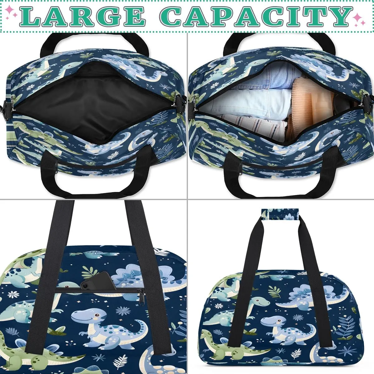Green Dinosaur Kids Overnighter Duffel Bags for Boys, Carry-On Size Sports Gym Bag with Front Zipper Pocket for School Practice or Overnight Travel Weekender Sleepover Tote Bag