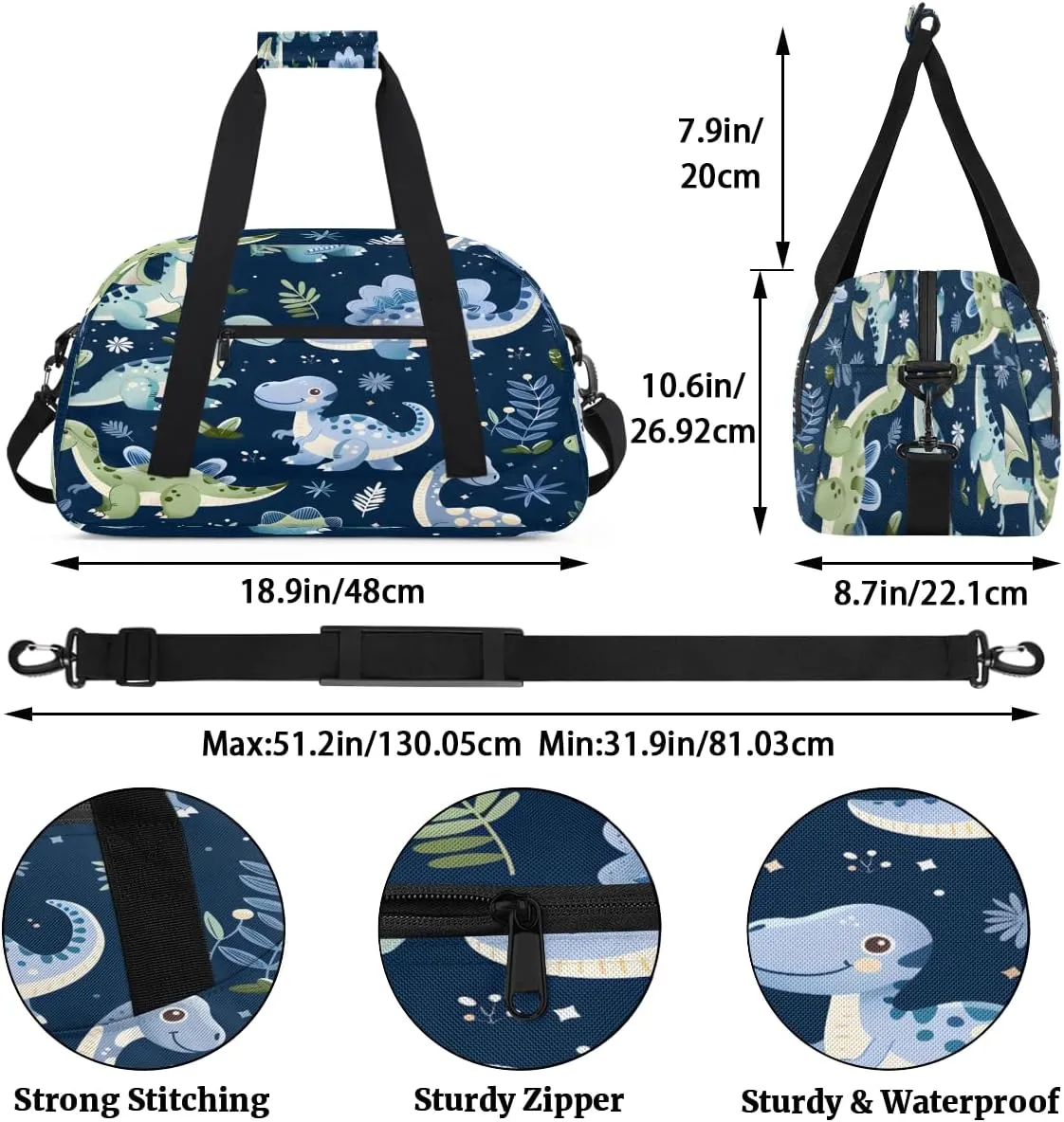 Green Dinosaur Kids Overnighter Duffel Bags for Boys, Carry-On Size Sports Gym Bag with Front Zipper Pocket for School Practice or Overnight Travel Weekender Sleepover Tote Bag