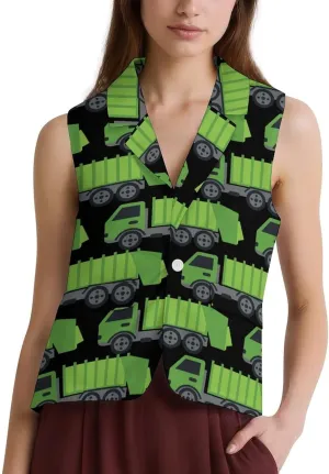 Green Garbage Truck Women's Waistcoat Vest V-Neck Casual Suit Sleeveless Blazer