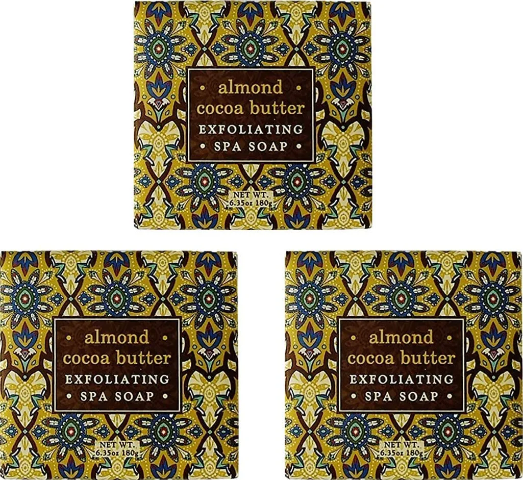 Greenwich Bay ALMOND Exfoliating Spa Soap, Enriched with Almond Oil, Shea Butter and Cocoa Butter. Blended with Cocoa Bean Shell, No Parabens, No Sulfates 6.35 Oz. (3 Pack)