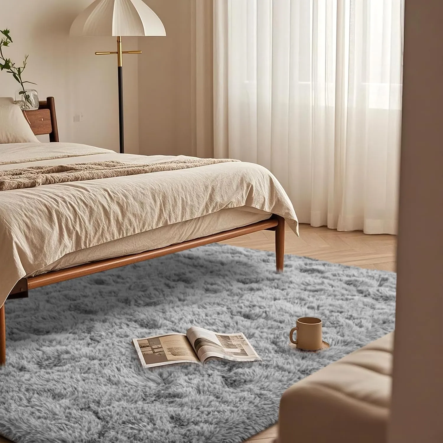 Grey Rug for Bedroom 6x9 Feet - Ultra Soft Faux Fur Area Rug - Plush Non-Slip Shaggy Carpet for Living Room, Cozy Fluffy Floor Rug for Home Decor