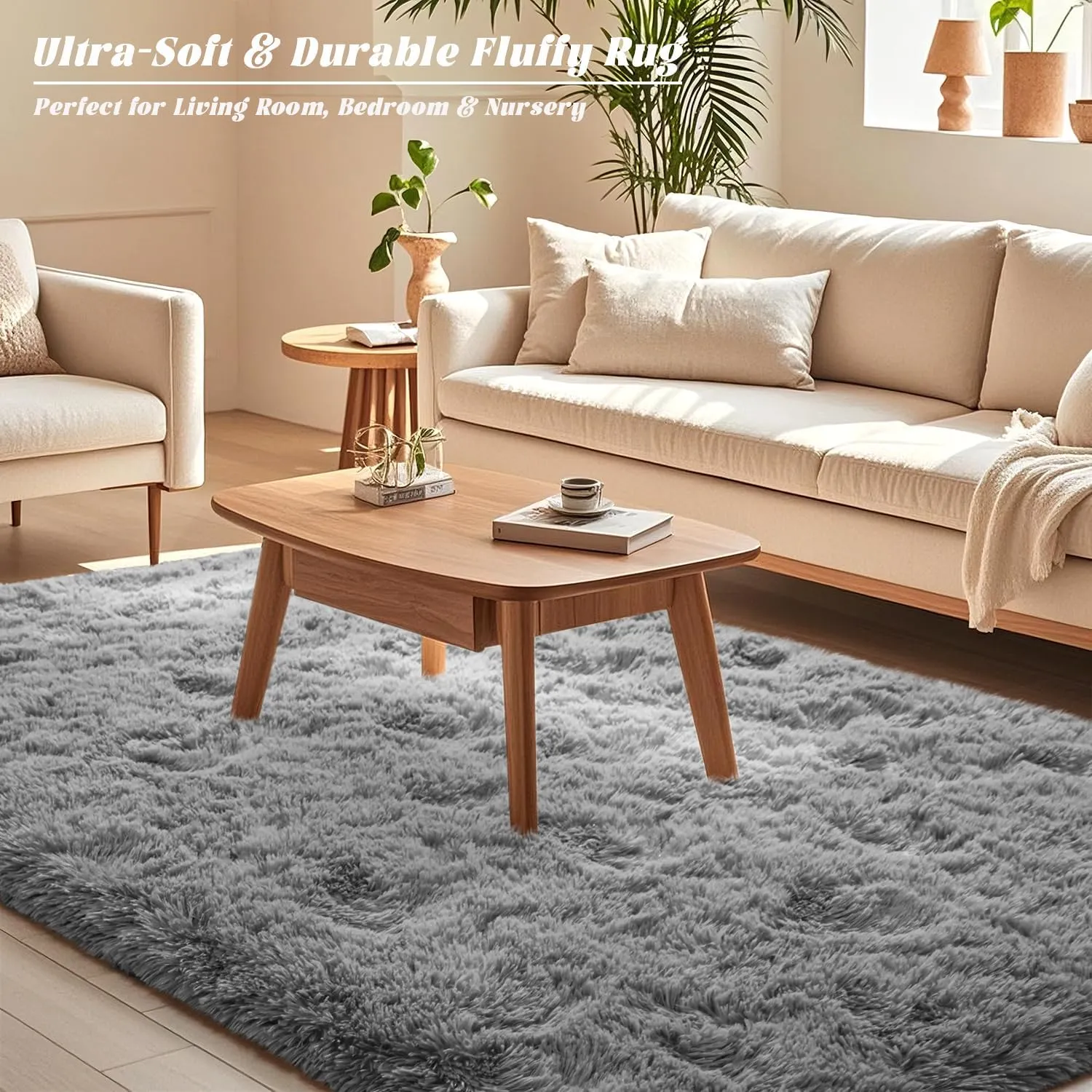 Grey Rug for Bedroom 6x9 Feet - Ultra Soft Faux Fur Area Rug - Plush Non-Slip Shaggy Carpet for Living Room, Cozy Fluffy Floor Rug for Home Decor