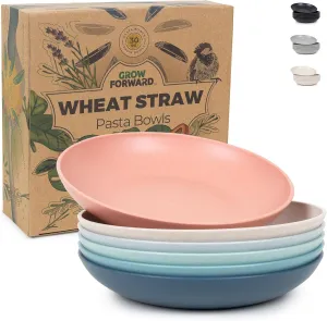 Grow Forward Premium Wheat Straw Pasta Bowls - 30oz Unbreakable Wide & Shallow Dinner Plate Bowls Set of 6 - Microwave Safe Reusable Plastic Pasta Bowls for Kids, Adults, Salad, Camping, RV - Tropical