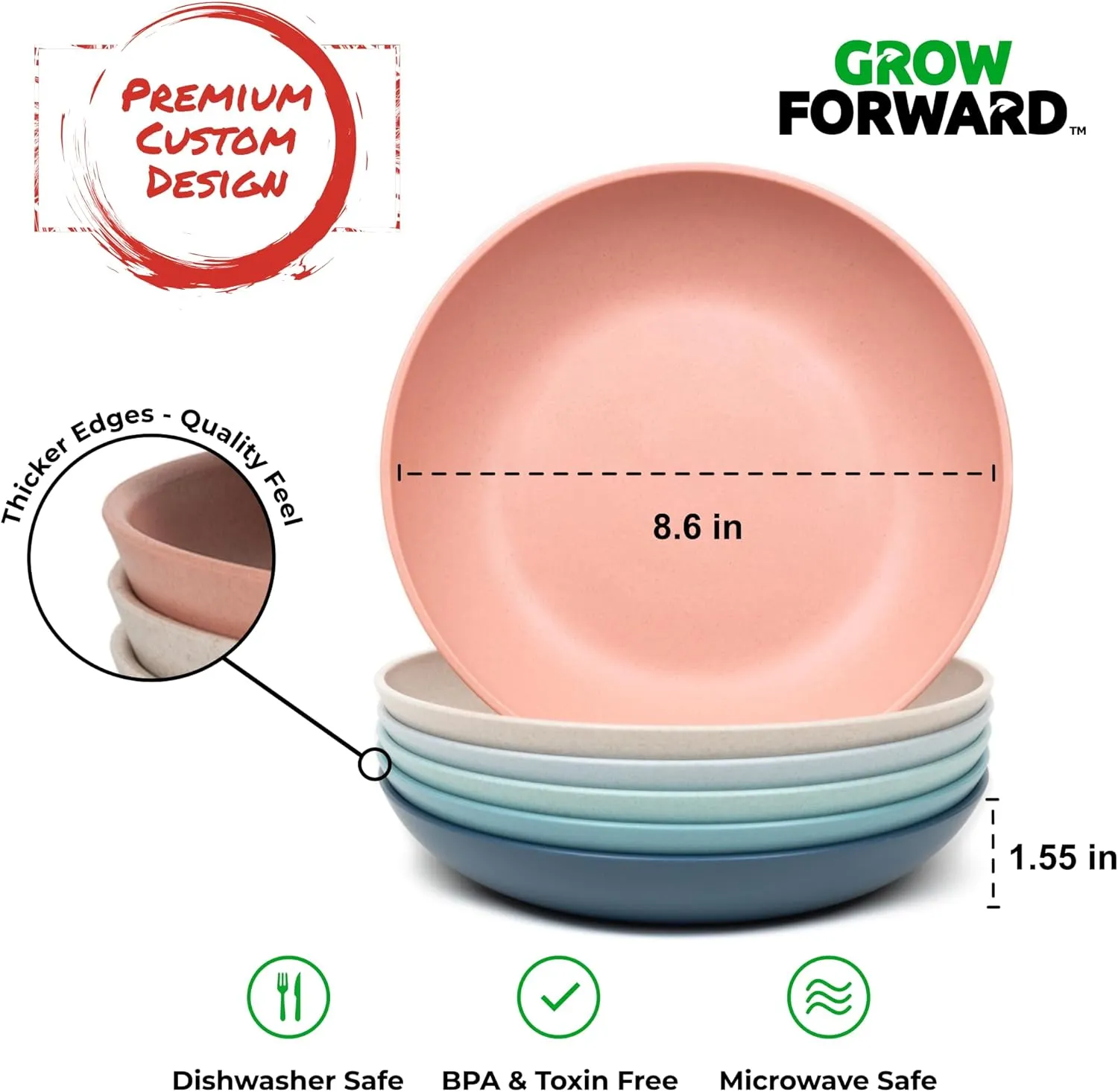 Grow Forward Premium Wheat Straw Pasta Bowls - 30oz Unbreakable Wide & Shallow Dinner Plate Bowls Set of 6 - Microwave Safe Reusable Plastic Pasta Bowls for Kids, Adults, Salad, Camping, RV - Tropical