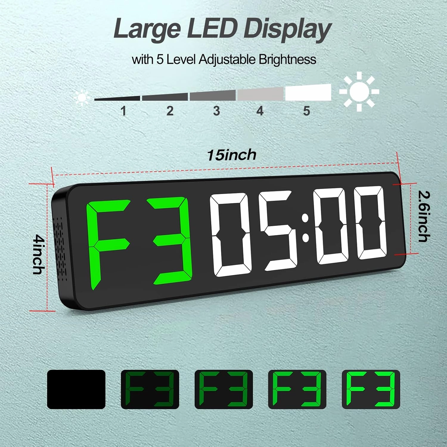 Gym Timer 15" Large LED Display Wall Clock | Interval Workout | Countdown & Up | Stopwatch | 12 Adjustable Volume | 3 Installation Ways | Digital Timer for Fitness Home Garage Gym and Outdoor Sport