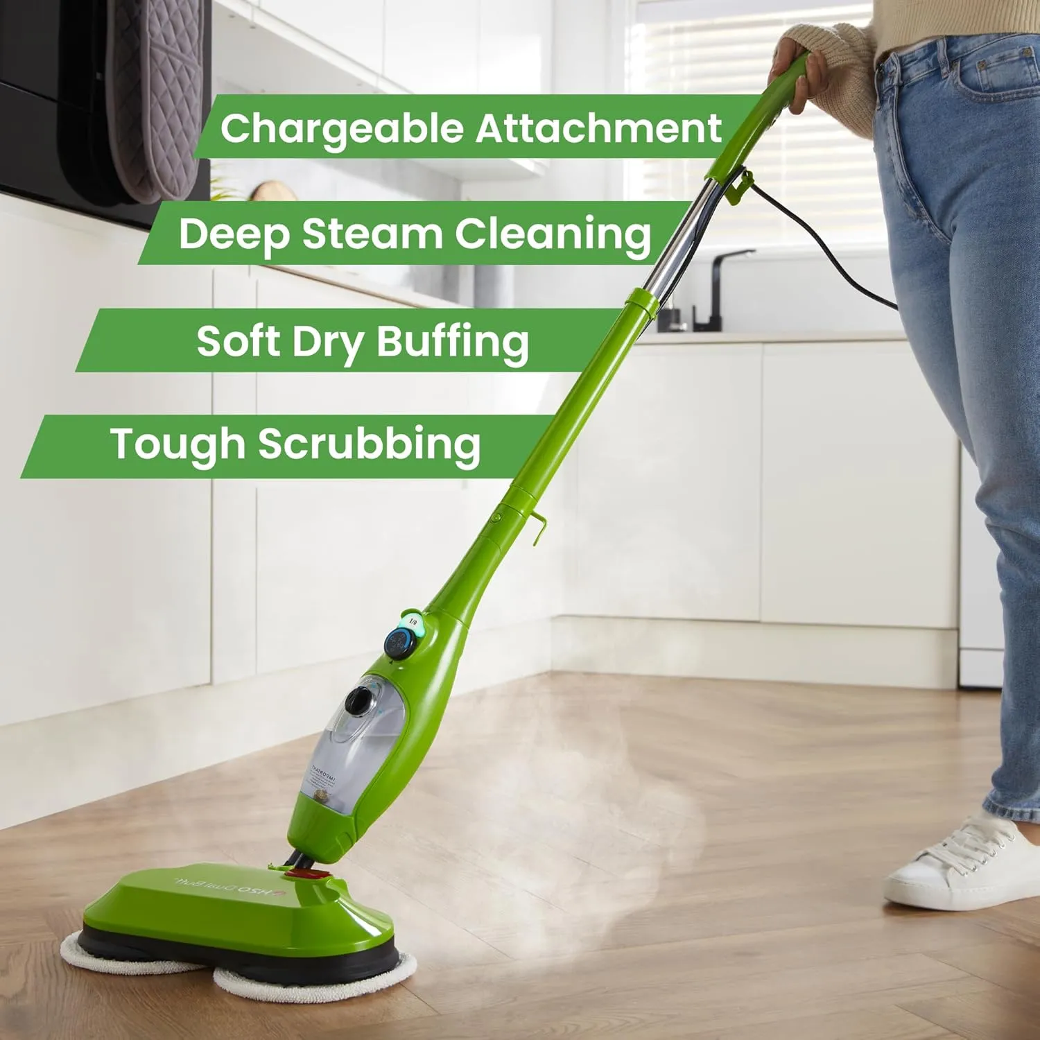 H2O MOP® X5 Dual Buff Steam Mop, 8 in 1 Handheld Steam Cleaner For Kitchen Tile Floors, Hardwood Floors, Grout Cleaner, Upholstery Cleaner and Carpets, 2 washable scrub pads, 11 cleaning accessories