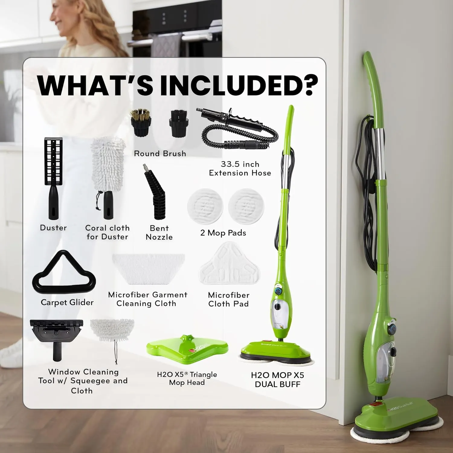 H2O MOP® X5 Dual Buff Steam Mop, 8 in 1 Handheld Steam Cleaner For Kitchen Tile Floors, Hardwood Floors, Grout Cleaner, Upholstery Cleaner and Carpets, 2 washable scrub pads, 11 cleaning accessories