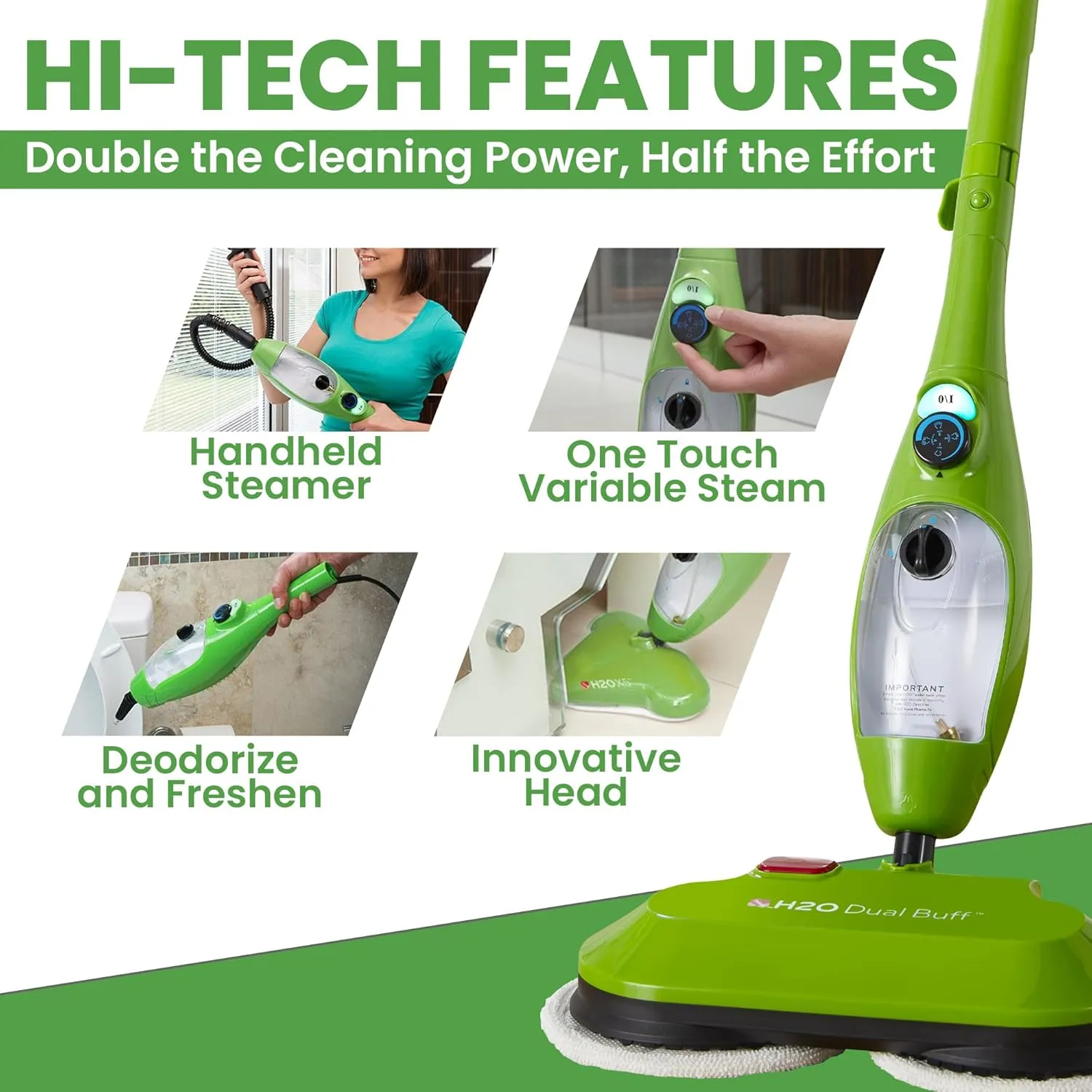 H2O MOP® X5 Dual Buff Steam Mop, 8 in 1 Handheld Steam Cleaner For Kitchen Tile Floors, Hardwood Floors, Grout Cleaner, Upholstery Cleaner and Carpets, 2 washable scrub pads, 11 cleaning accessories