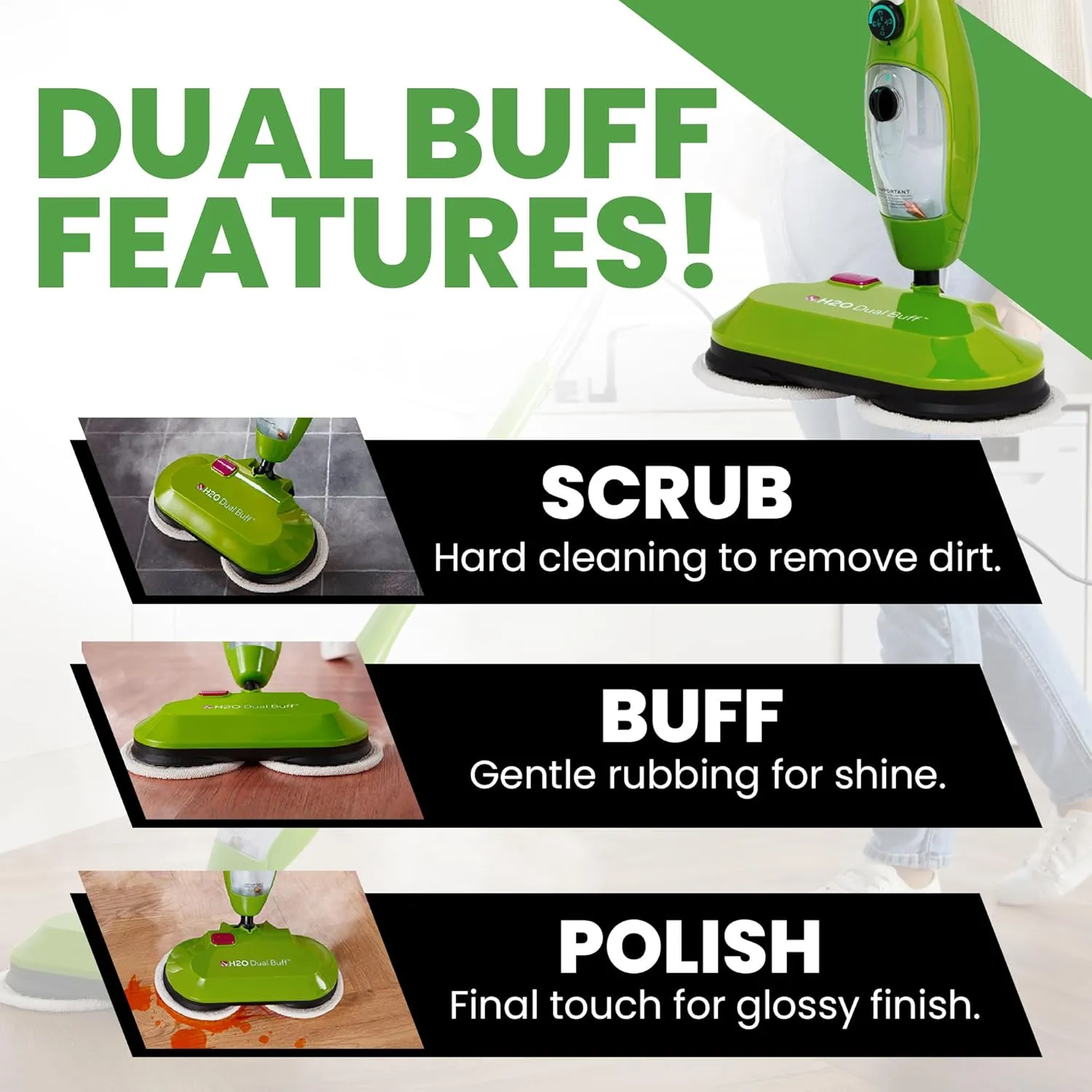 H2O MOP® X5 Dual Buff Steam Mop, 8 in 1 Handheld Steam Cleaner For Kitchen Tile Floors, Hardwood Floors, Grout Cleaner, Upholstery Cleaner and Carpets, 2 washable scrub pads, 11 cleaning accessories