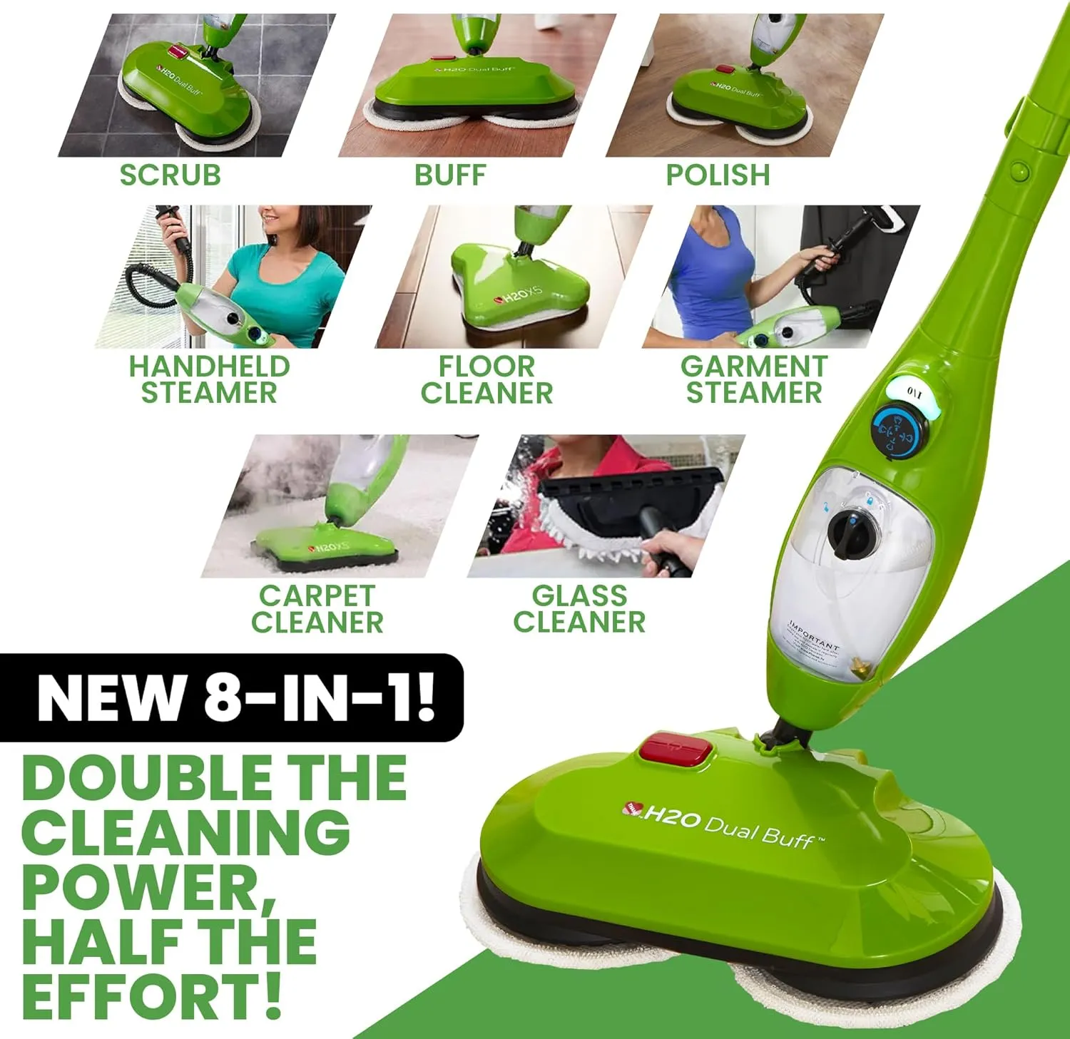H2O MOP® X5 Dual Buff Steam Mop, 8 in 1 Handheld Steam Cleaner For Kitchen Tile Floors, Hardwood Floors, Grout Cleaner, Upholstery Cleaner and Carpets, 2 washable scrub pads, 11 cleaning accessories