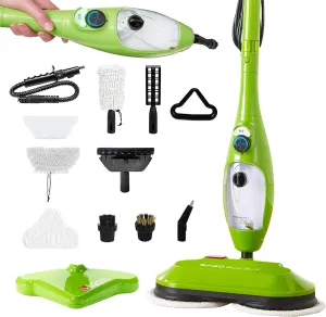 H2O MOP® X5 Dual Buff Steam Mop, 8 in 1 Handheld Steam Cleaner For Kitchen Tile Floors, Hardwood Floors, Grout Cleaner, Upholstery Cleaner and Carpets, 2 washable scrub pads, 11 cleaning accessories