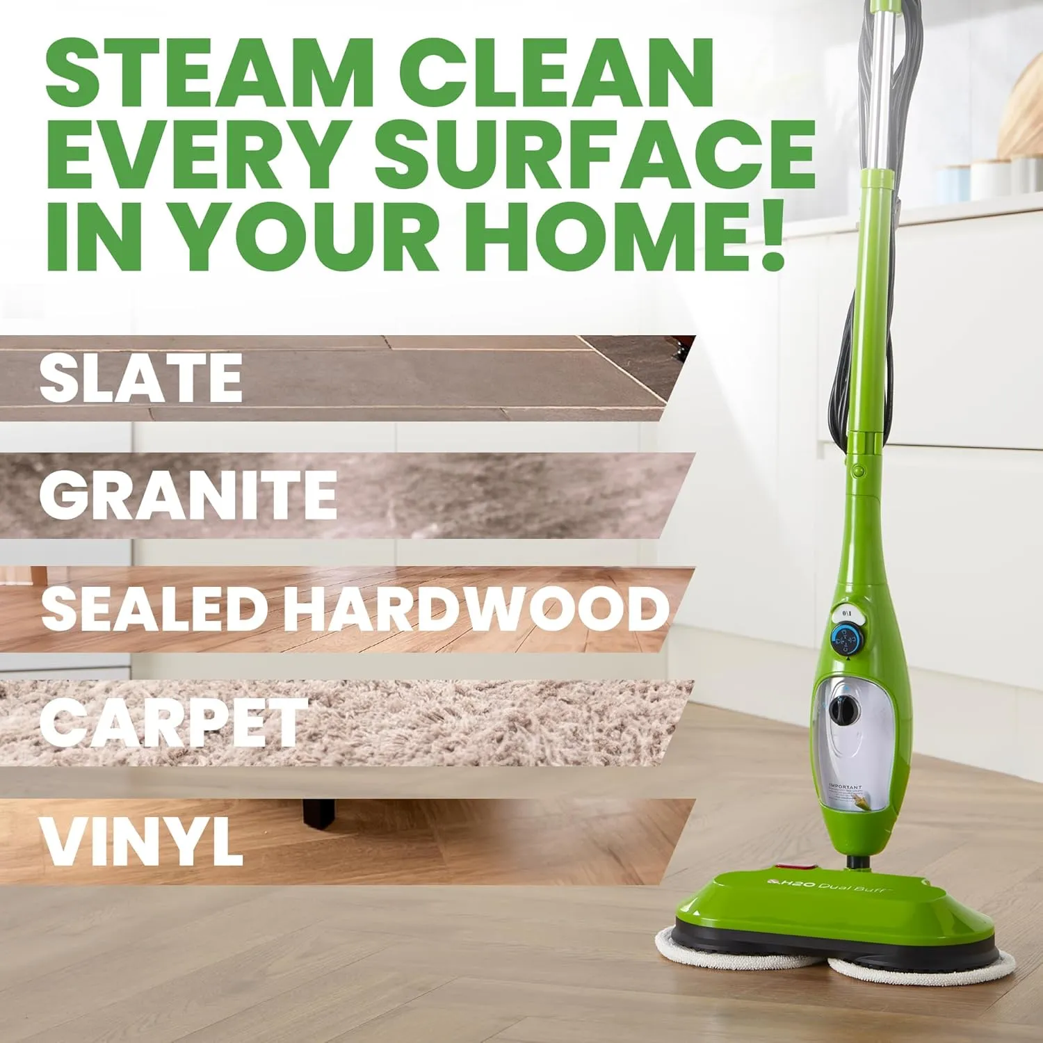 H2O MOP® X5 Dual Buff Steam Mop, 8 in 1 Handheld Steam Cleaner For Kitchen Tile Floors, Hardwood Floors, Grout Cleaner, Upholstery Cleaner and Carpets, 2 washable scrub pads, 11 cleaning accessories