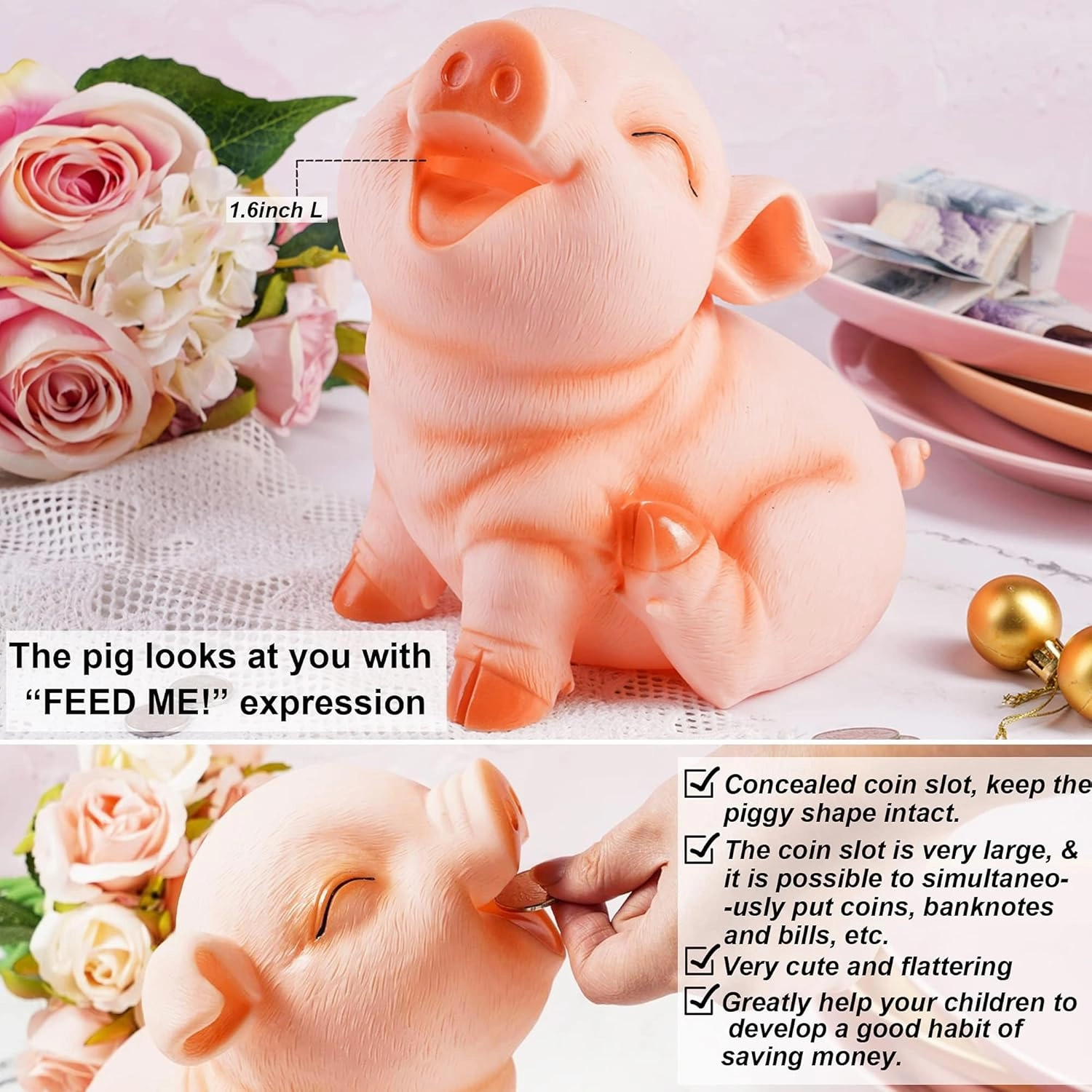 H&W Cute Pig Coin Money Bank, Shatterproof Piggy Bank, Creative Money Bank, Can Store 1000 Coins, Best Bitrthday Gift, Squint Piggy (WK7-D2)