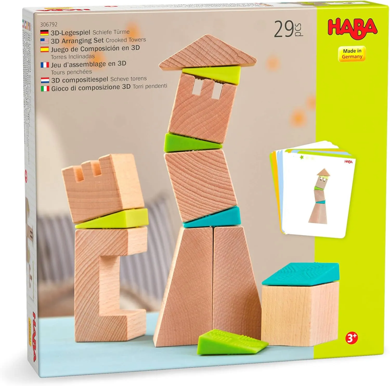 HABA Kids Building Blocks Set Crooked Tower, 19 Wooden Blocks and 6 Wedges with Pattern Cards for Toddlers 4 , Wood Stacking Toys Made in Germany