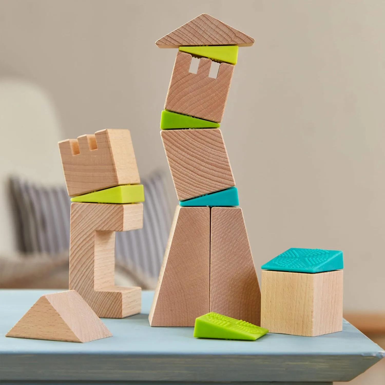 HABA Kids Building Blocks Set Crooked Tower, 19 Wooden Blocks and 6 Wedges with Pattern Cards for Toddlers 4 , Wood Stacking Toys Made in Germany