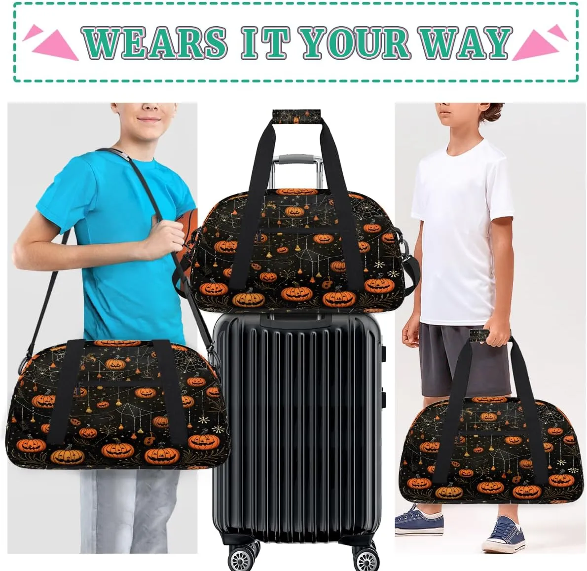Halloween Trick Treat Kids Overnighter Duffel Bags for Boys, Carry-On Size Sports Gym Bag with Front Zipper Pocket for School Practice or Overnight Travel Weekender Sleepover Tote Bag