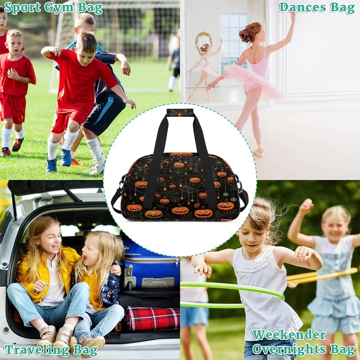 Halloween Trick Treat Kids Overnighter Duffel Bags for Boys, Carry-On Size Sports Gym Bag with Front Zipper Pocket for School Practice or Overnight Travel Weekender Sleepover Tote Bag
