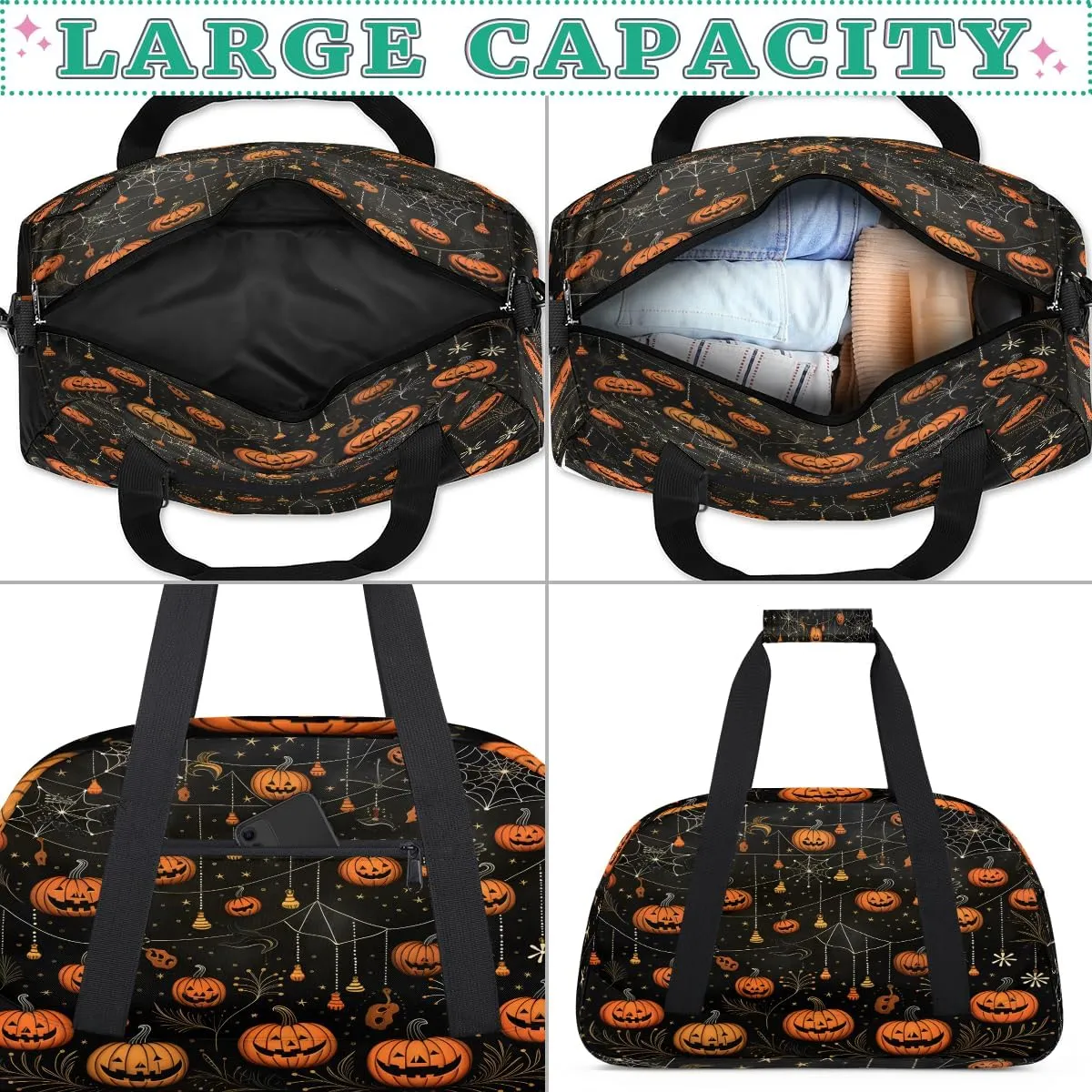 Halloween Trick Treat Kids Overnighter Duffel Bags for Boys, Carry-On Size Sports Gym Bag with Front Zipper Pocket for School Practice or Overnight Travel Weekender Sleepover Tote Bag