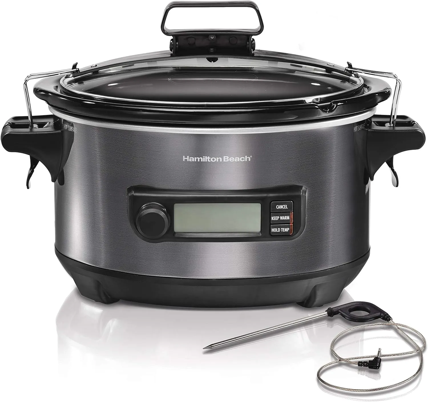 Hamilton Beach Portable 6 Quart Set & Forget Digital Programmable Slow Cooker with Lid Lock, Temperature Probe, Dishwasher Safe Crock & Lid, Black Stainless (33866)