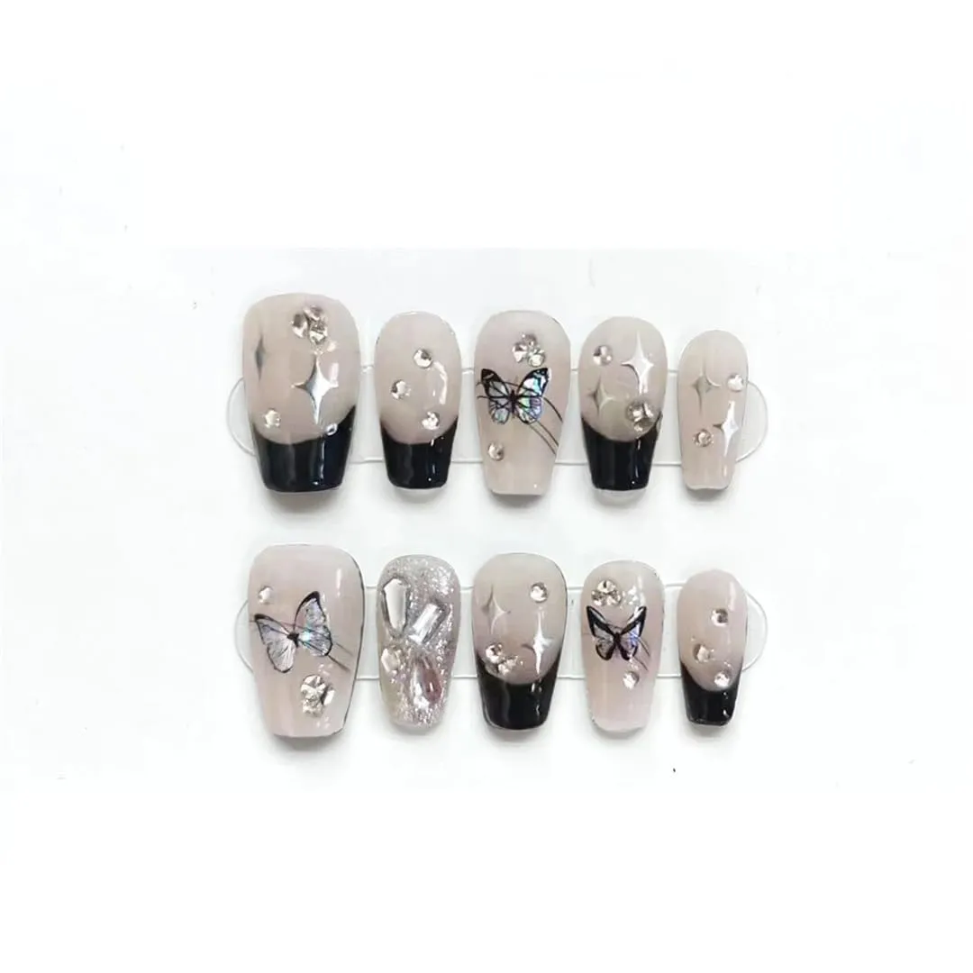 Hand Pressed Nails French Black Edge Translucent Reusable Fake Nails Artificial Manicure Wearable