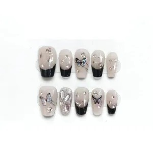 Hand Pressed Nails French Black Edge Translucent Reusable Fake Nails Artificial Manicure Wearable