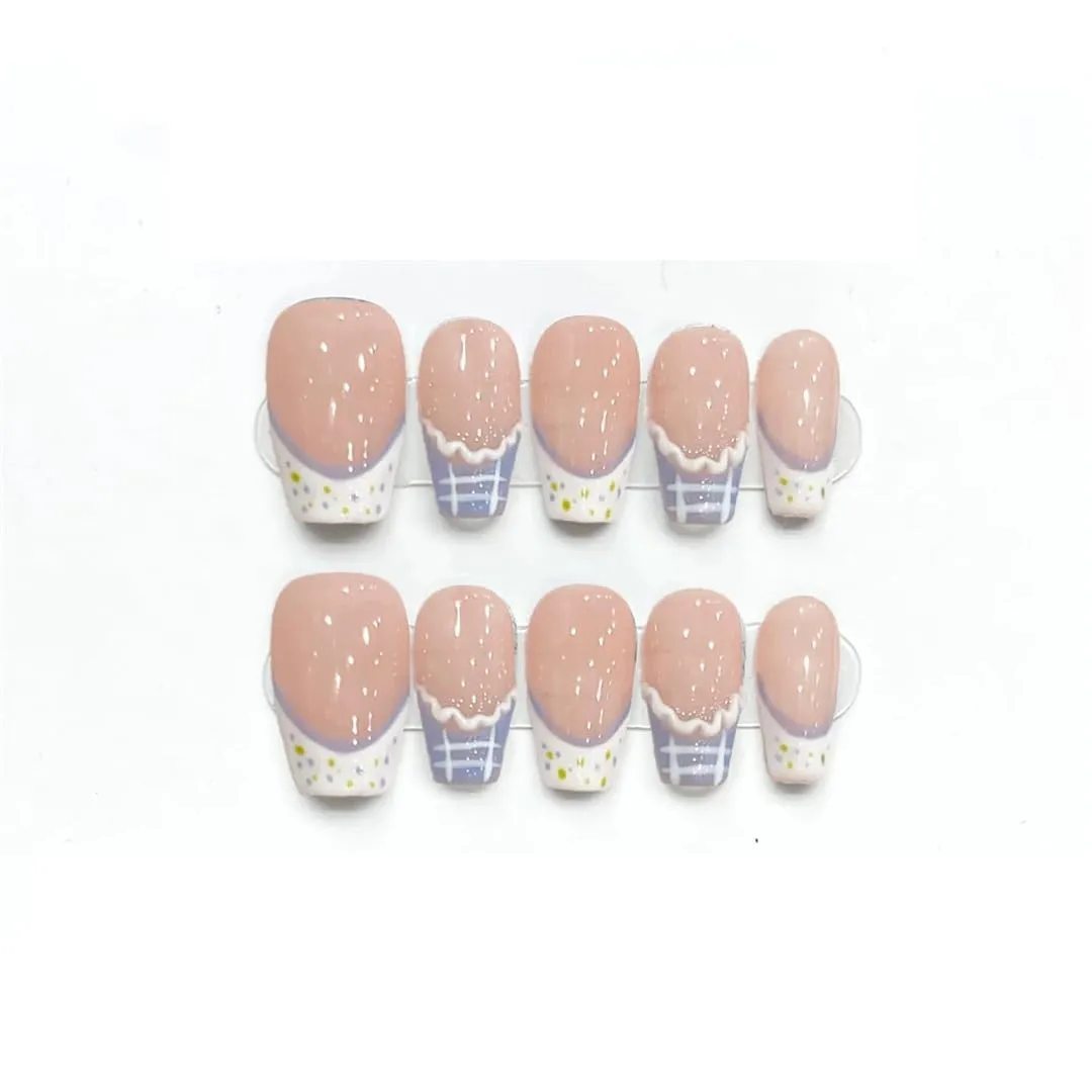 Hand Pressed Nails French Flower Design Translucent Reusable Fake Nails Artificial Manicure Wearable