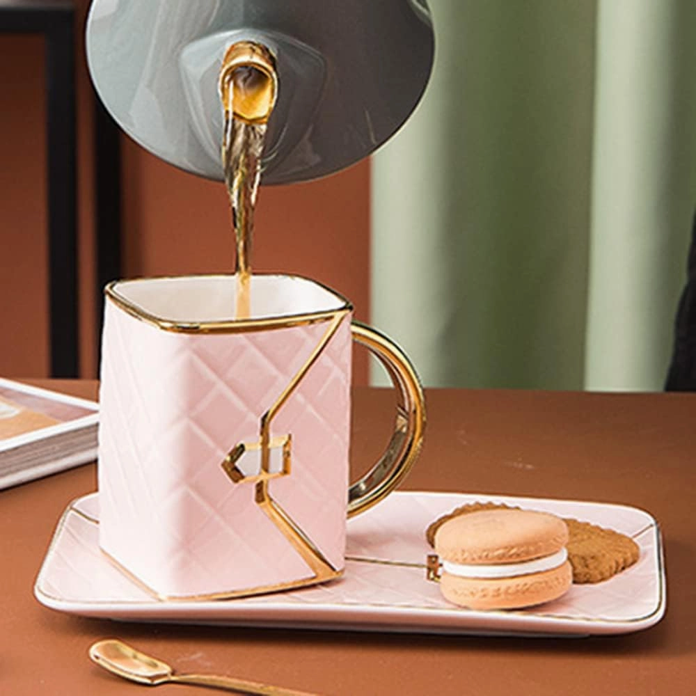 Handbag-Shaped Creative Mug With Saucer & Spoon Bag Shape Ceramic Coffee Cup Home Tableware Decoration for Women Gifts, Blue