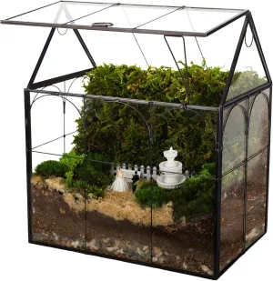 Handmade Large Glass Plant Terrarium with Lid, Glass Geometric Planter Terrarium Succulent & Air Planter for Home Garden Office Decoration, Mini Greenhouse Indoor, House Shape, Black