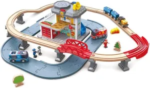 Hape Emergency Services HQ | 2-in-1 Police and Fire Station Complete Play Set with Vehicles and Action Figures