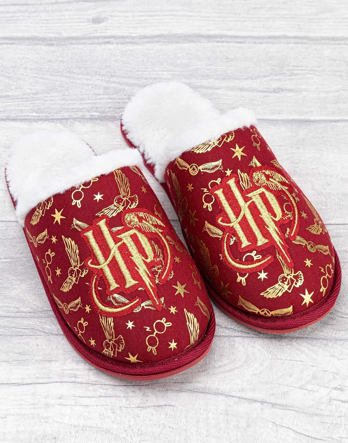 Harry Potter Girls Slippers | Kids Slip-On Fluffy Red House Shoes | Gold Embroidered Logo Hogwarts Footwear Merchandise Gift