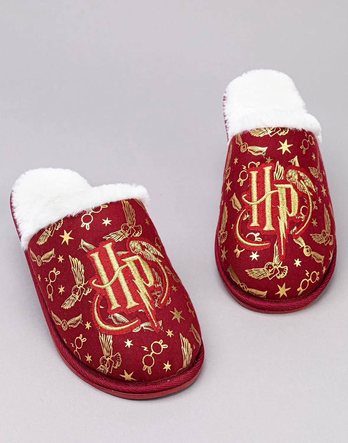 Harry Potter Girls Slippers | Kids Slip-On Fluffy Red House Shoes | Gold Embroidered Logo Hogwarts Footwear Merchandise Gift