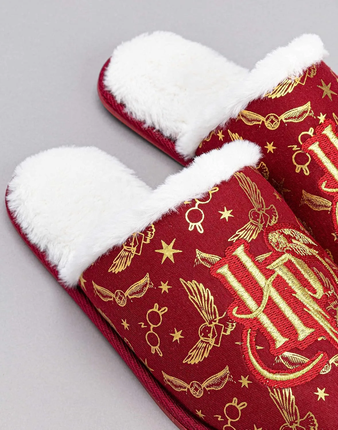 Harry Potter Girls Slippers | Kids Slip-On Fluffy Red House Shoes | Gold Embroidered Logo Hogwarts Footwear Merchandise Gift