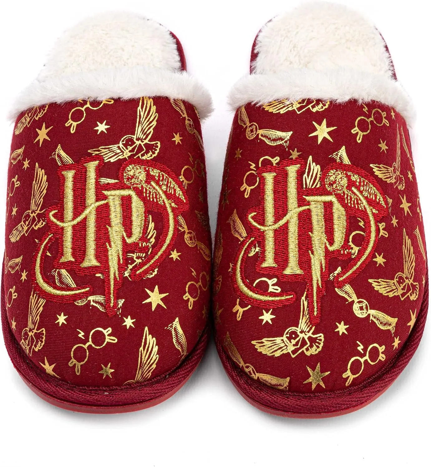 Harry Potter Girls Slippers | Kids Slip-On Fluffy Red House Shoes | Gold Embroidered Logo Hogwarts Footwear Merchandise Gift