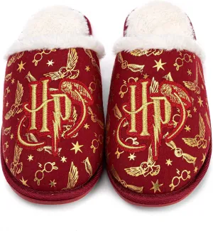 Harry Potter Girls Slippers | Kids Slip-On Fluffy Red House Shoes | Gold Embroidered Logo Hogwarts Footwear Merchandise Gift