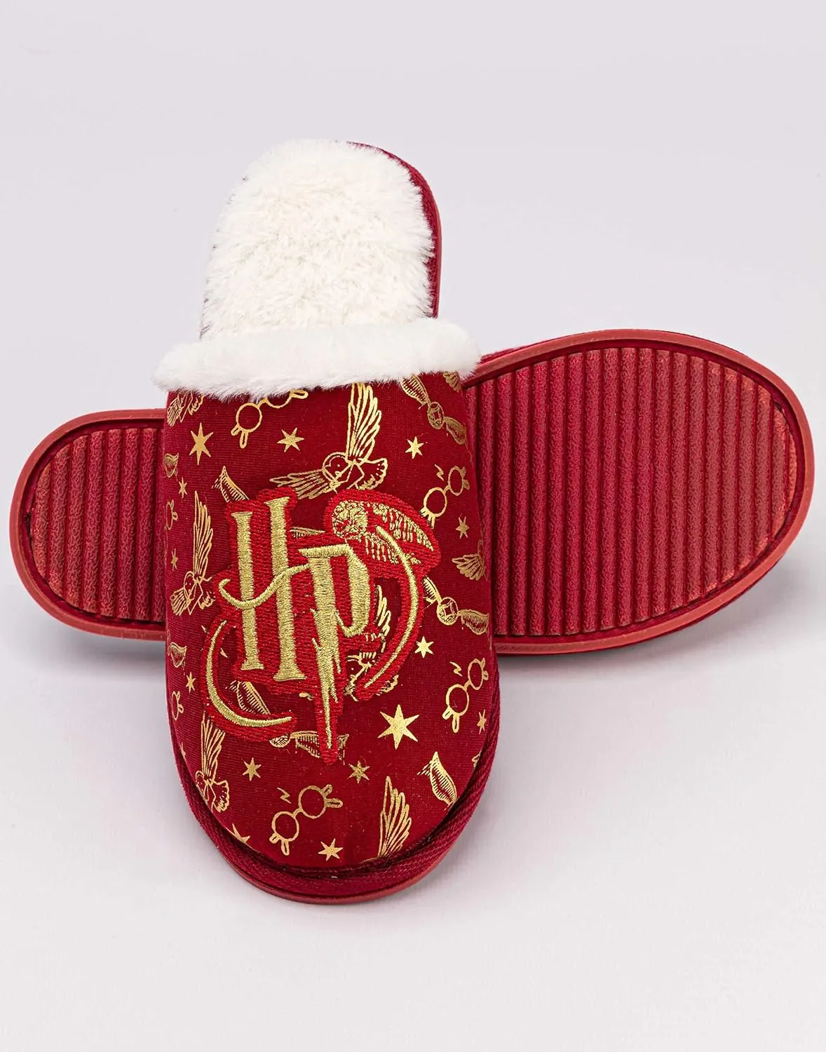 Harry Potter Girls Slippers | Kids Slip-On Fluffy Red House Shoes | Gold Embroidered Logo Hogwarts Footwear Merchandise Gift