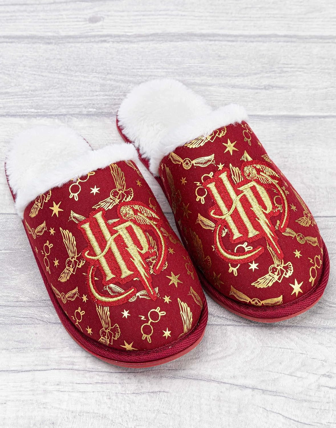 Harry Potter Girls Slippers | Kids Slip-On Fluffy Red House Shoes | Gold Embroidered Logo Hogwarts Footwear Merchandise Gift