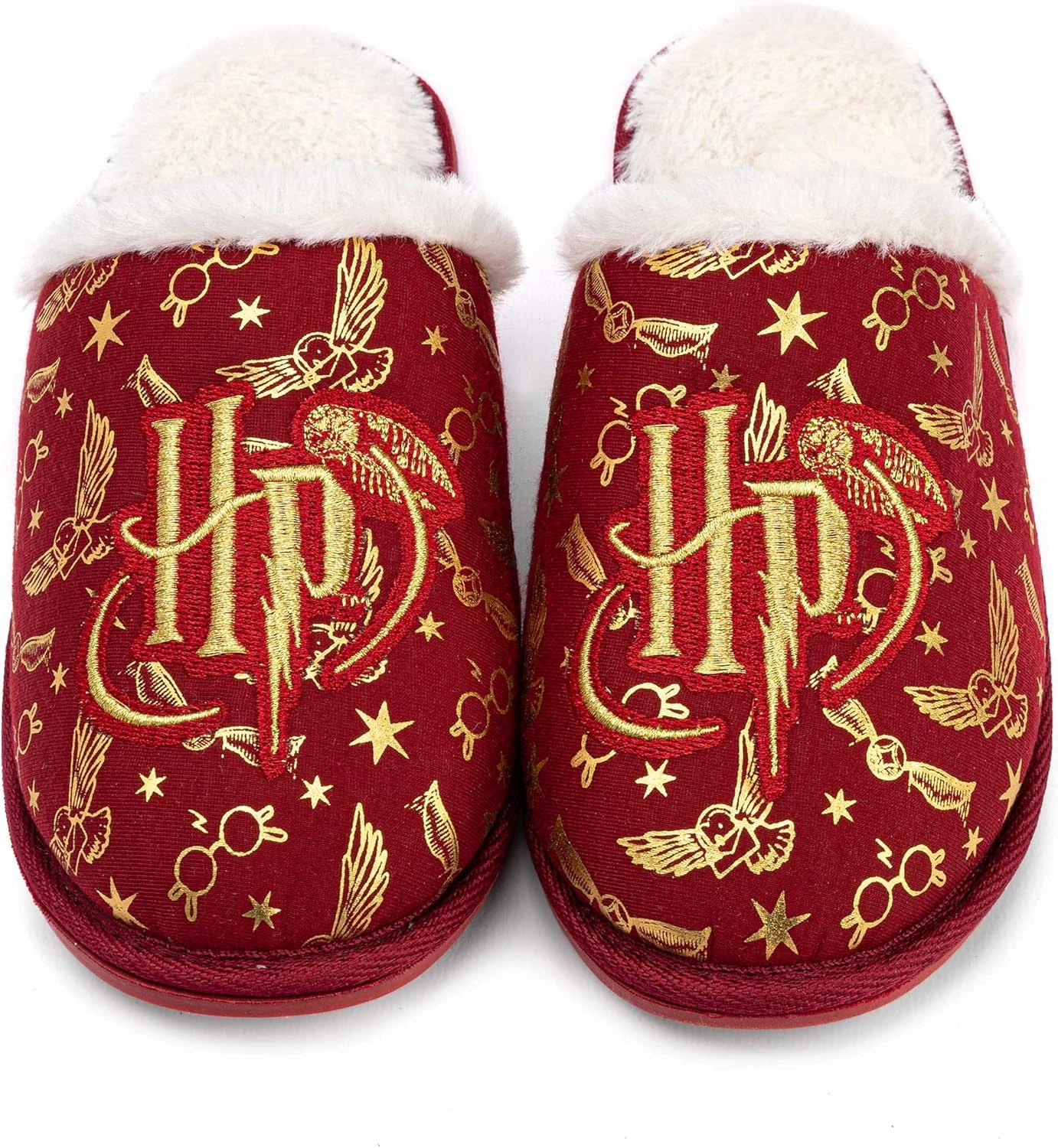 Harry Potter Girls Slippers | Kids Slip-On Fluffy Red House Shoes | Gold Embroidered Logo Hogwarts Footwear Merchandise Gift
