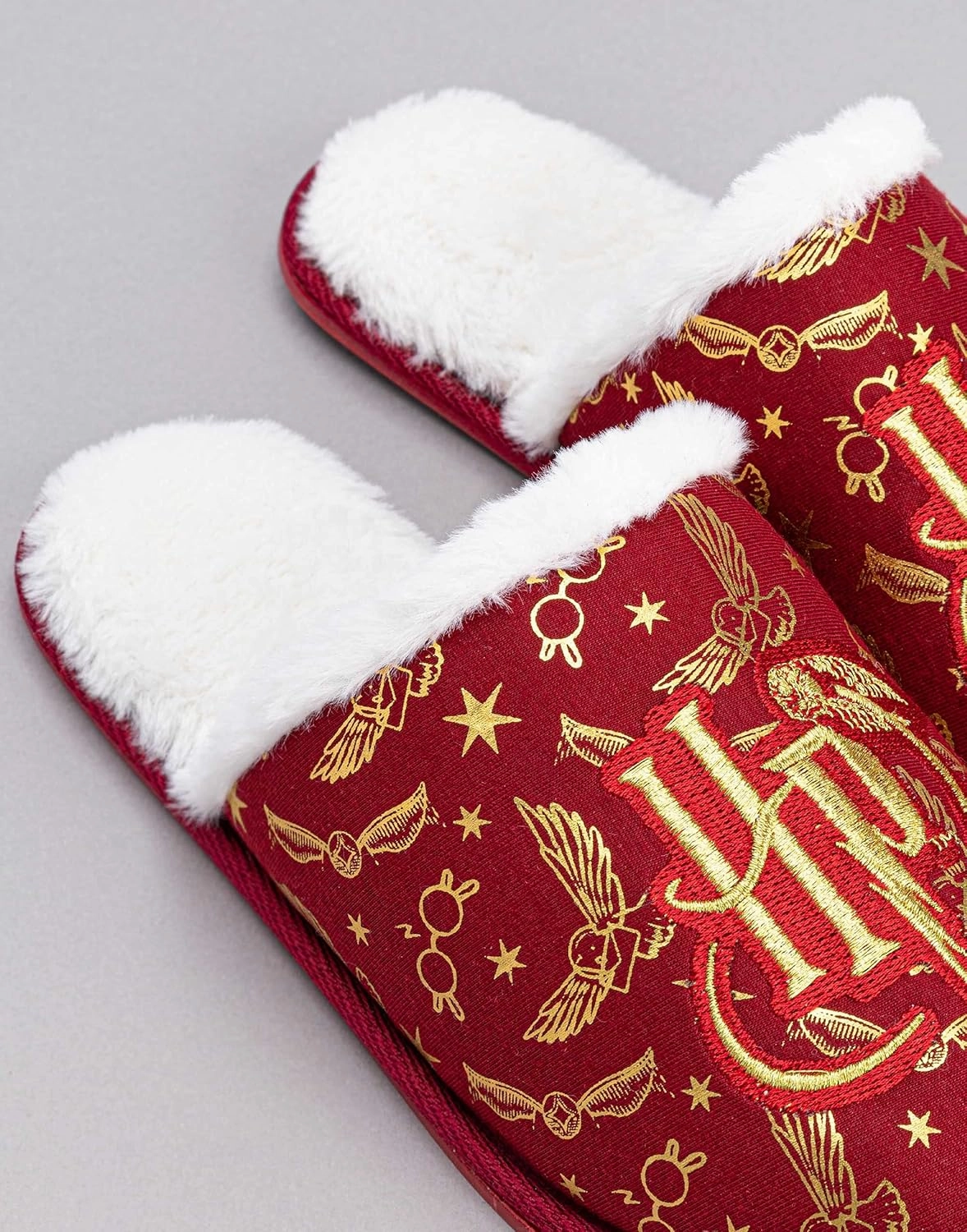 Harry Potter Girls Slippers | Kids Slip-On Fluffy Red House Shoes | Gold Embroidered Logo Hogwarts Footwear Merchandise Gift