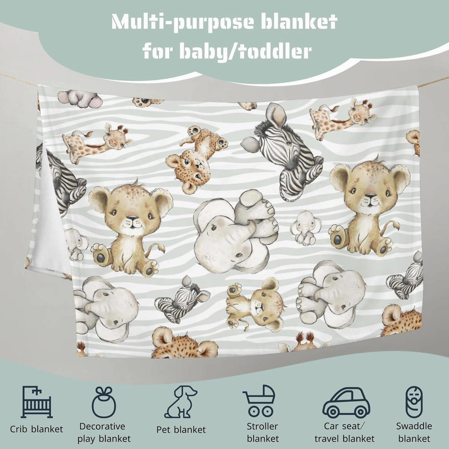 HawSkgFub Kids Safari Baby Animals Blanket Boy Girl Gift, Nursery Jungle Elephant Giraffe Zebra Lion Leopard Hippo Lightweight Fluffy Flannel Fleece Blankets, Soft Warm Toddler Nap Bedding Decor 60x80