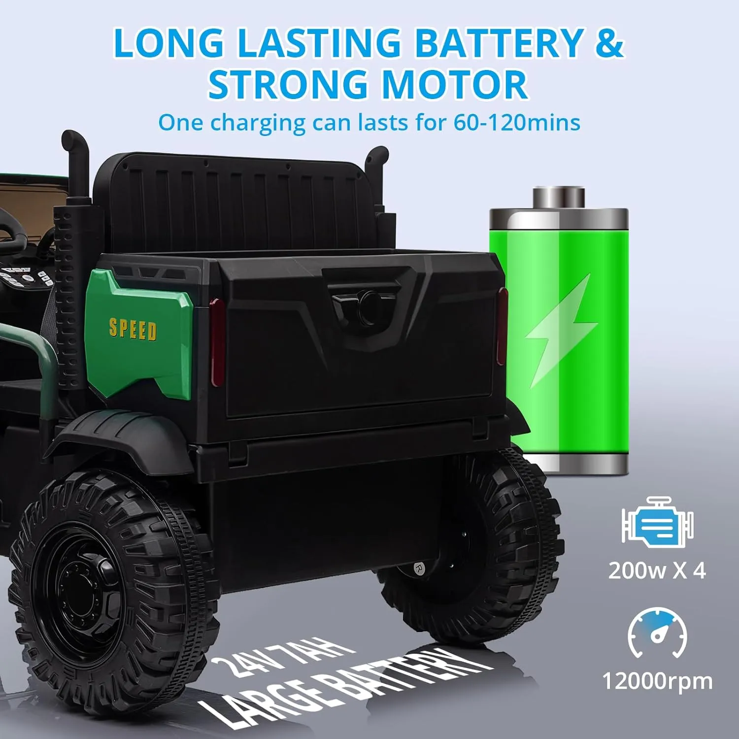 Hetoy 24V Ride On Truck with Remote Control Electric UTV Vehicles with Dump Bed, 4WD Power 4x200W Motors,4xSpring Suspension, 3 Speeds, 2 Seater Kids Ride On Toys Best Gifts for Kids (Green)