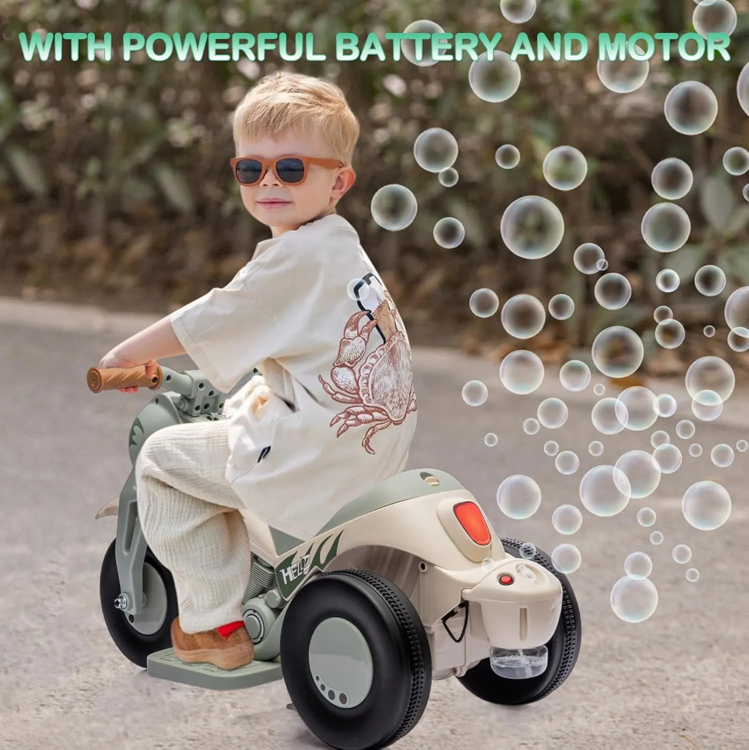 Hetoy Kids Ride on Bubble Car Motorcycle, 6V Battery Powered Electric Motorbike w/LED Headlights, Music, Pedal, Forward/Reserve, 3 Wheels Electric Bubble Toys for Toddler 3 and Up Boys Girls, Beige