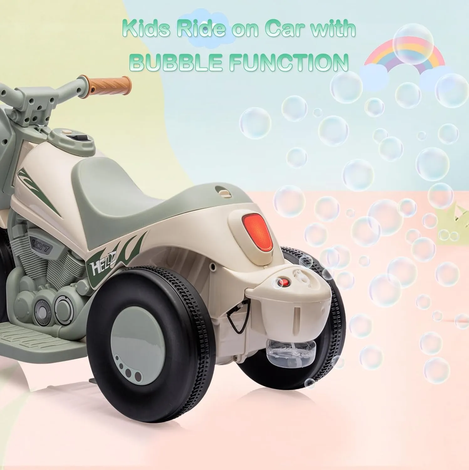 Hetoy Kids Ride on Bubble Car Motorcycle, 6V Battery Powered Electric Motorbike w/LED Headlights, Music, Pedal, Forward/Reserve, 3 Wheels Electric Bubble Toys for Toddler 3 and Up Boys Girls, Beige