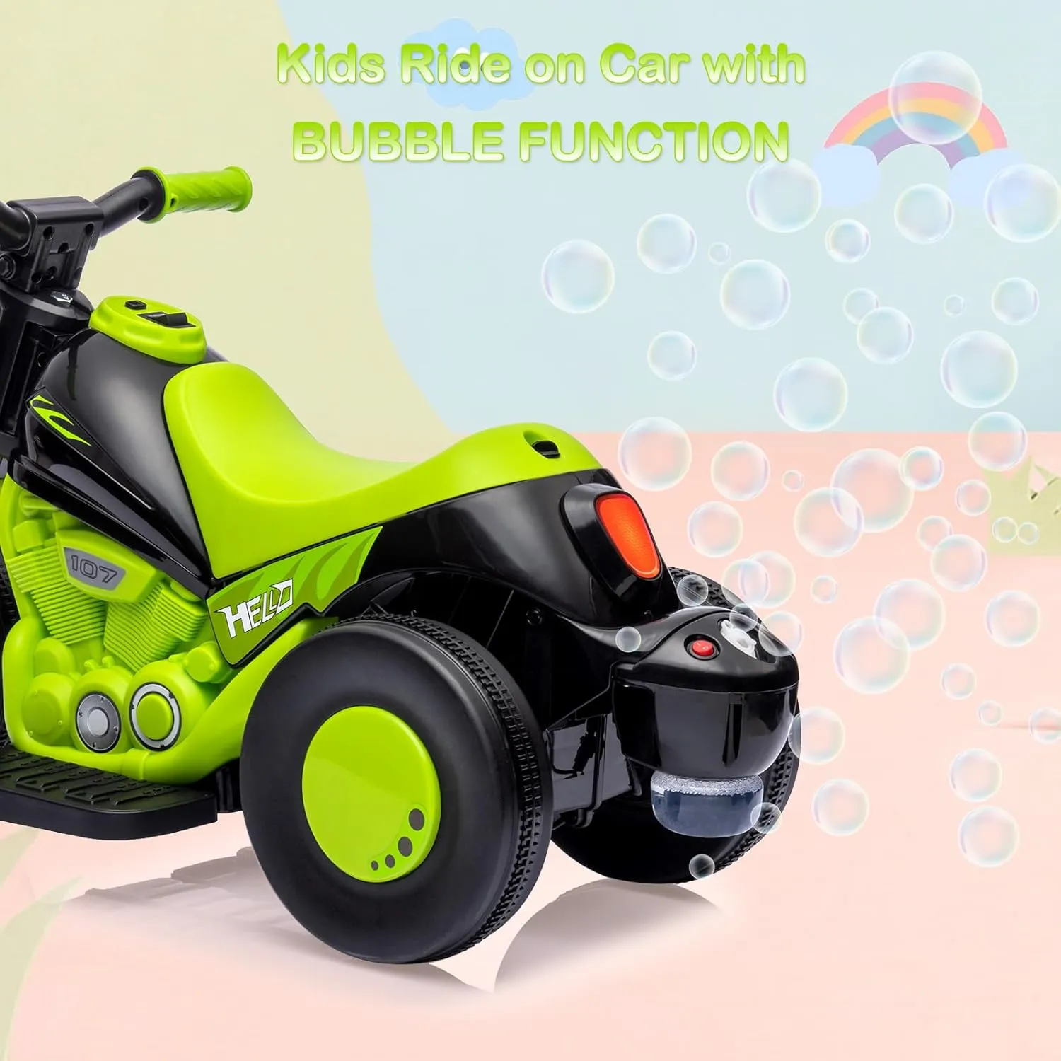 Hetoy Kids Ride on Bubble Car Motorcycle, 6V Battery Powered Electric Motorbike w/LED Headlights, Music, Pedal, Forward/Reserve, 3 Wheels Electric Bubble Toys for Toddler 3 and Up Boys Girls, Green