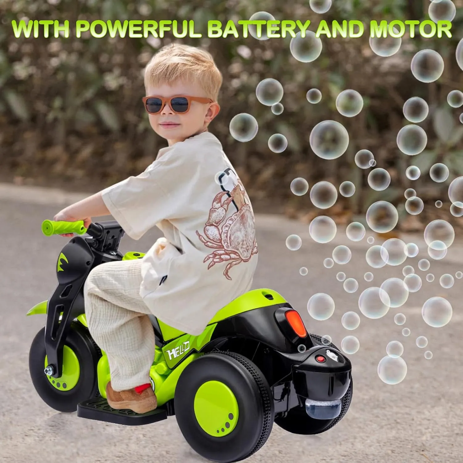 Hetoy Kids Ride on Bubble Car Motorcycle, 6V Battery Powered Electric Motorbike w/LED Headlights, Music, Pedal, Forward/Reserve, 3 Wheels Electric Bubble Toys for Toddler 3 and Up Boys Girls, Green