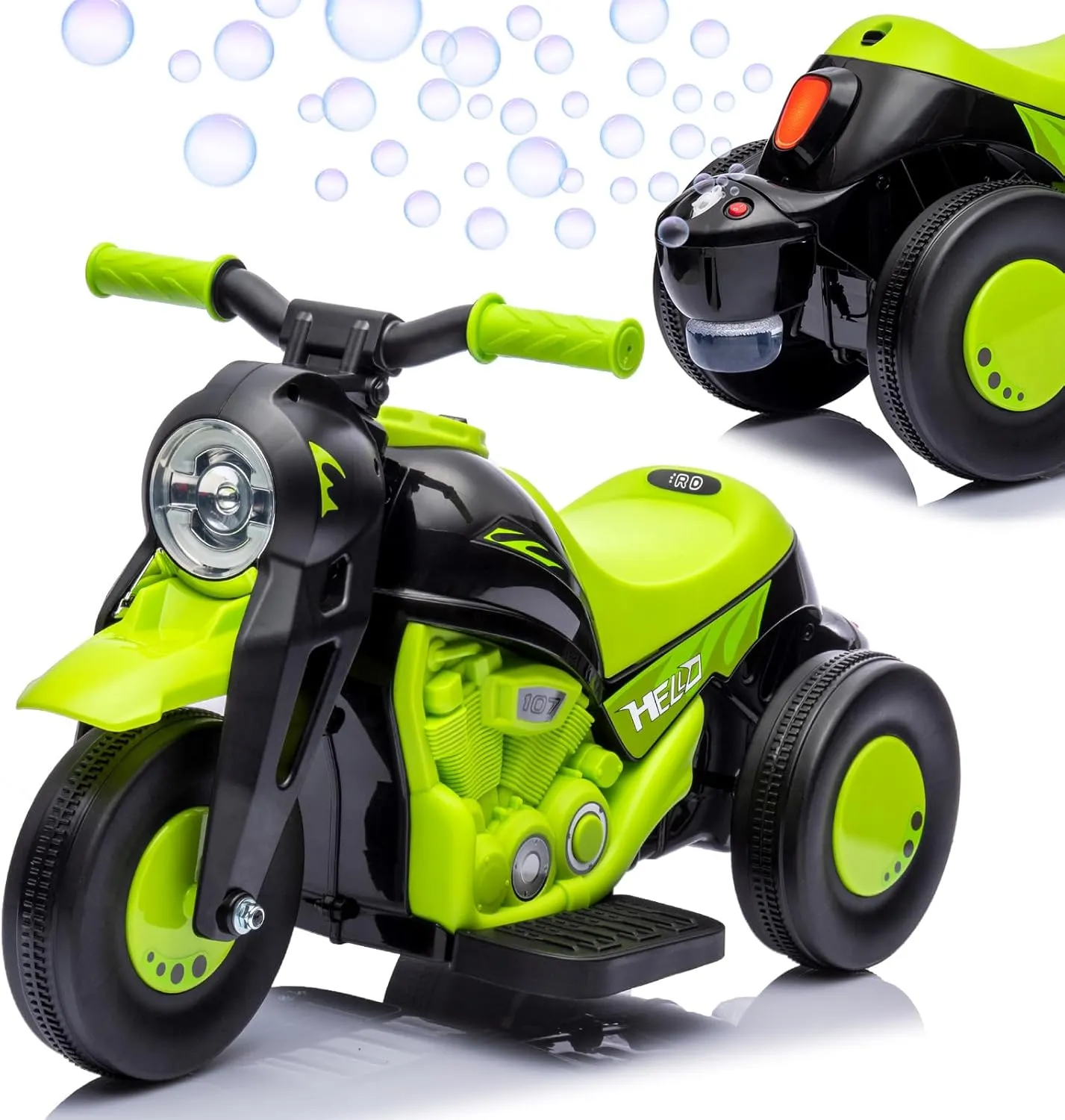Hetoy Kids Ride on Bubble Car Motorcycle, 6V Battery Powered Electric Motorbike w/LED Headlights, Music, Pedal, Forward/Reserve, 3 Wheels Electric Bubble Toys for Toddler 3 and Up Boys Girls, Green