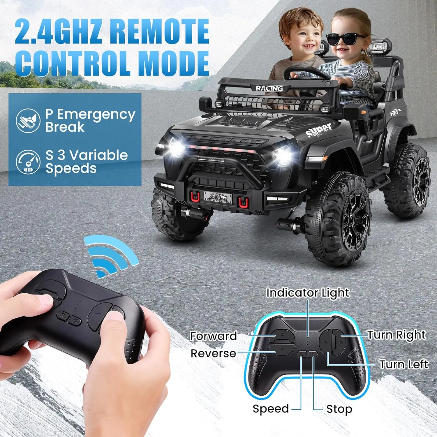 Hikole 24V 9AH Ride on Toys for Big Kids, 2 Seater Electric Car, w/Remote Control, 20" Spacious Seat, Switchable 4WD/2WD, Suspension, Bluetooth, Music, Power Car Wheels for Boys Girls, Black